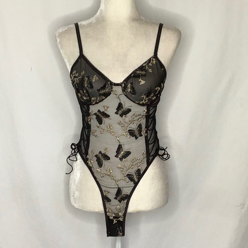 Sexy Sheer Black Metallic Gold Embroidered Butterfly Mesh Lingerie Bodysuit S